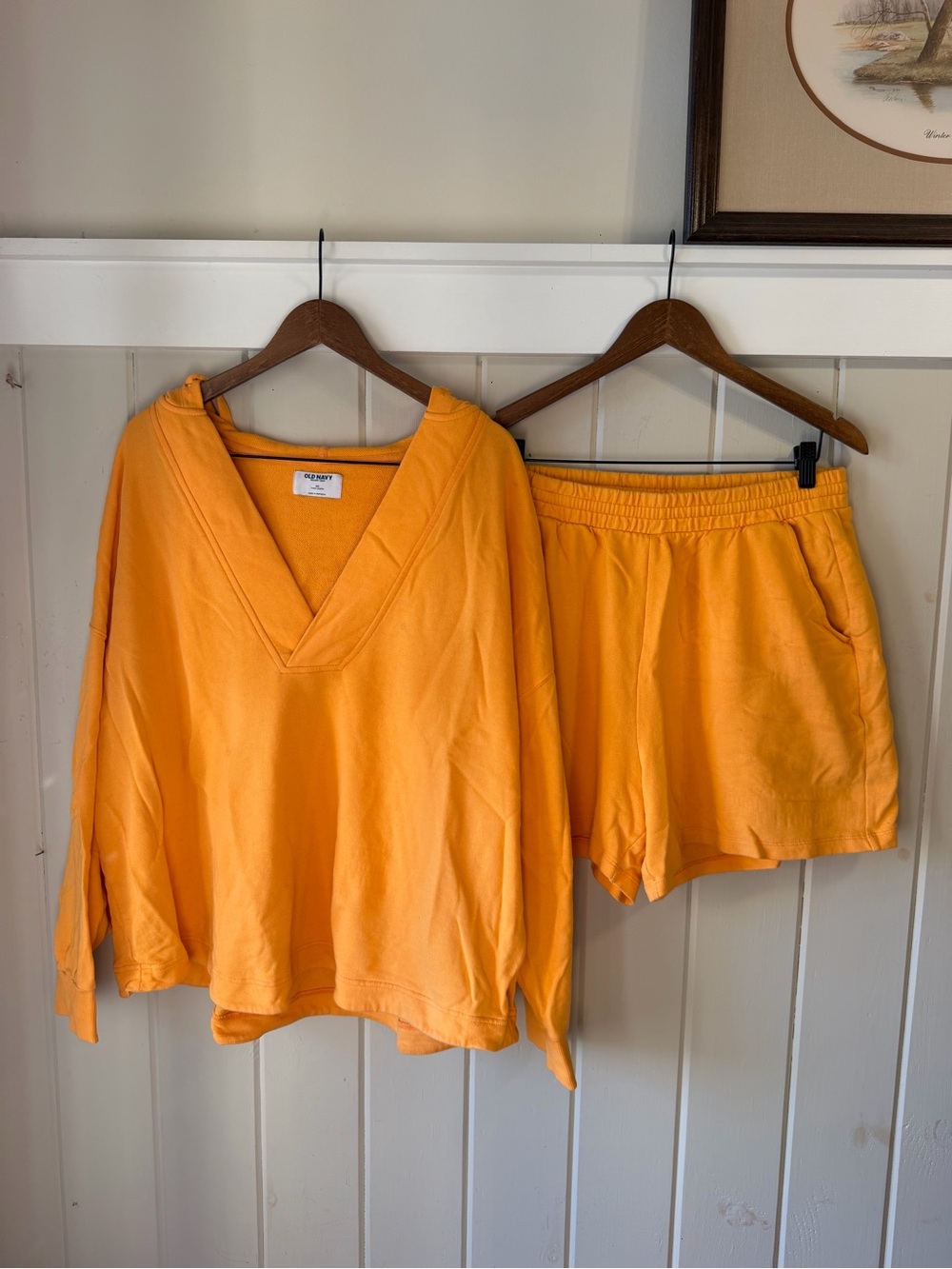 Old Navy Orange V-Neck Hooded Pullover & High Waist Shorts Set
